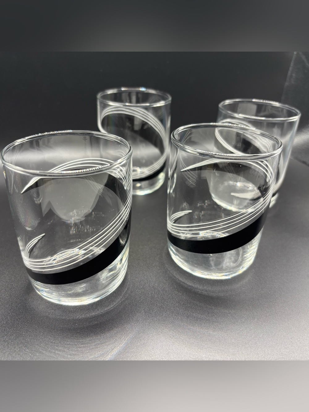 Vintage Libbey Mid-Century Modern Black & White Ribbon Rocks Glasses - Set of 4